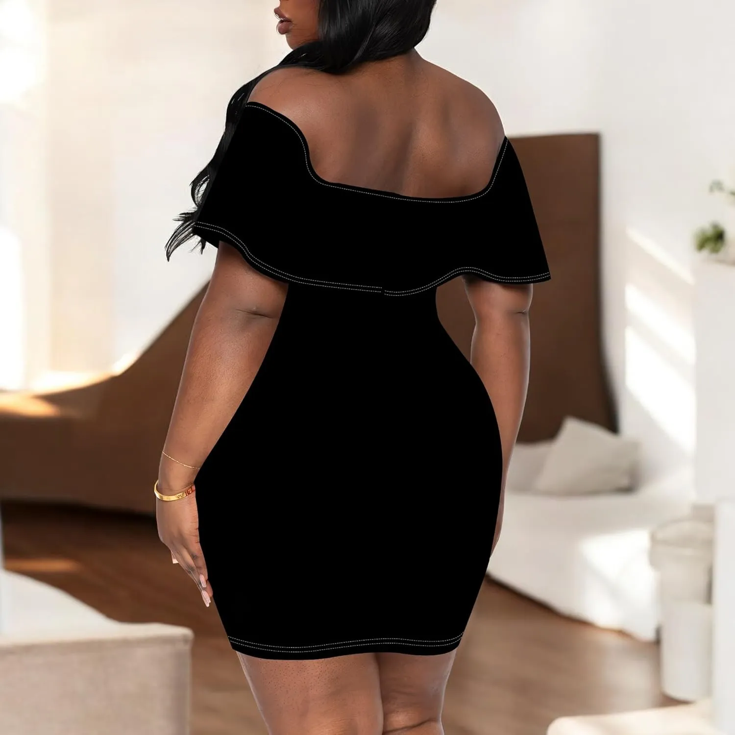 Women's Summer Off Shoulder Ruffle Slim Fit Short Sleeve Floral Print Mini Dress Party Club Bodycon Dresses with Pockets