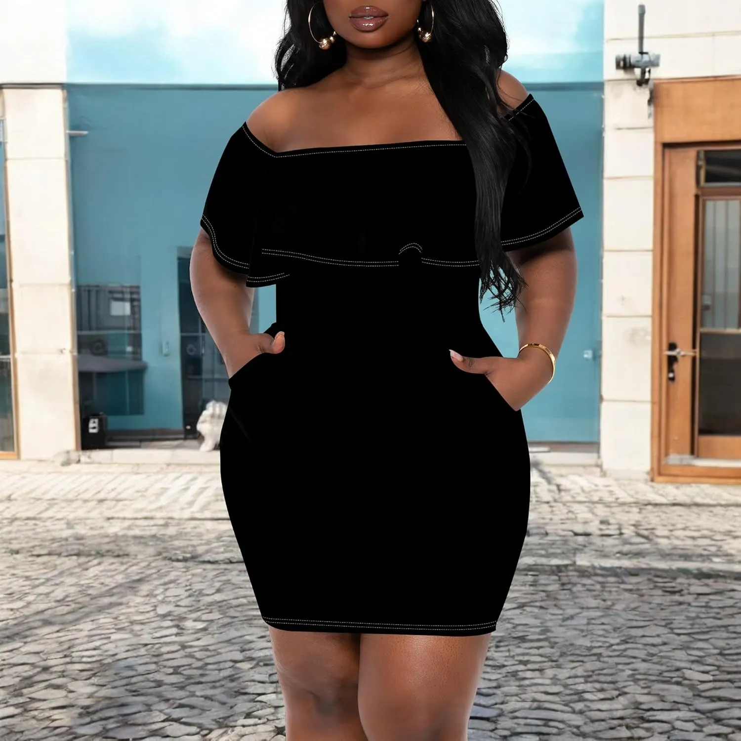 Women's Summer Off Shoulder Ruffle Slim Fit Short Sleeve Floral Print Mini Dress Party Club Bodycon Dresses with Pockets