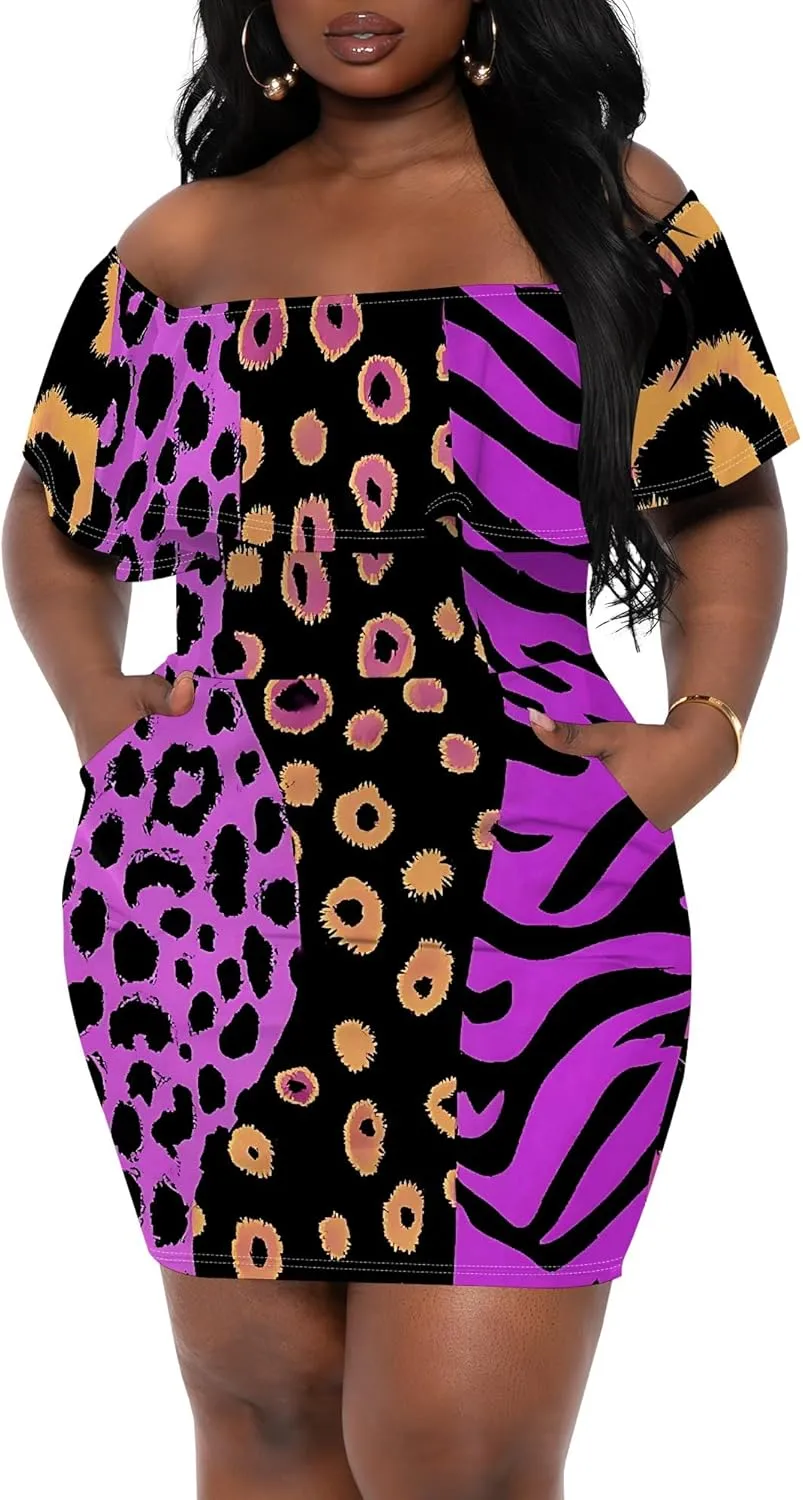 Women's Summer Off Shoulder Ruffle Slim Fit Short Sleeve Floral Print Mini Dress Party Club Bodycon Dresses with Pockets