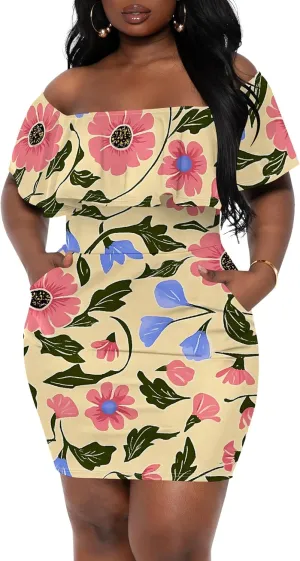Women's Summer Off Shoulder Ruffle Slim Fit Short Sleeve Floral Print Mini Dress Party Club Bodycon Dresses with Pockets