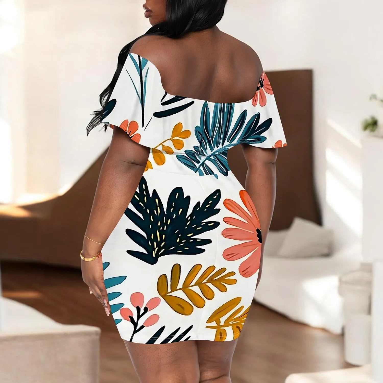 Women's Summer Off Shoulder Ruffle Slim Fit Short Sleeve Floral Print Mini Dress Party Club Bodycon Dresses with Pockets