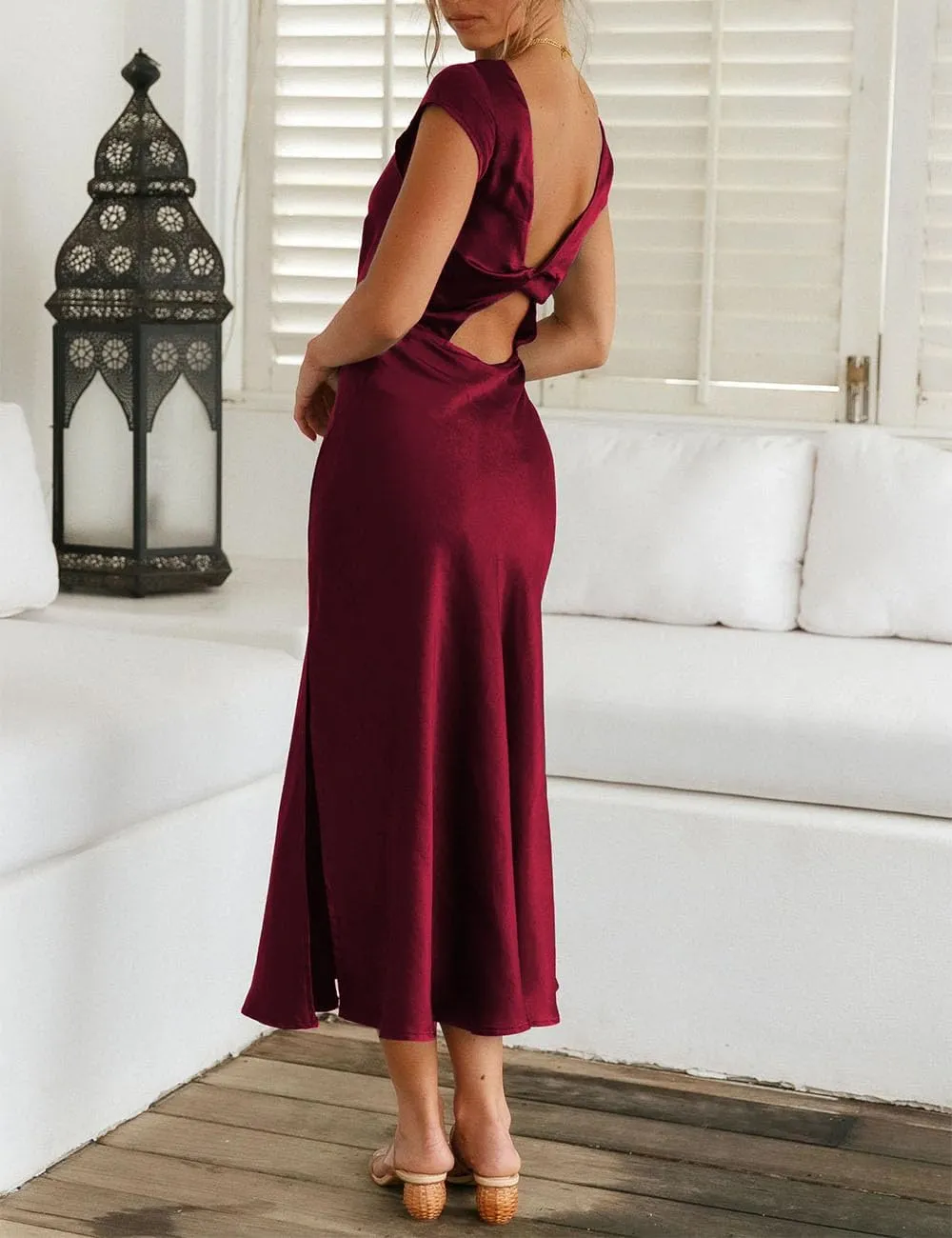 Women's Summer Satin Elegance Backless Twist Cap Sleeves Midi Dress 2025 Sexy Cowl Neck Slit Cocktail Wedding Guest Dresses