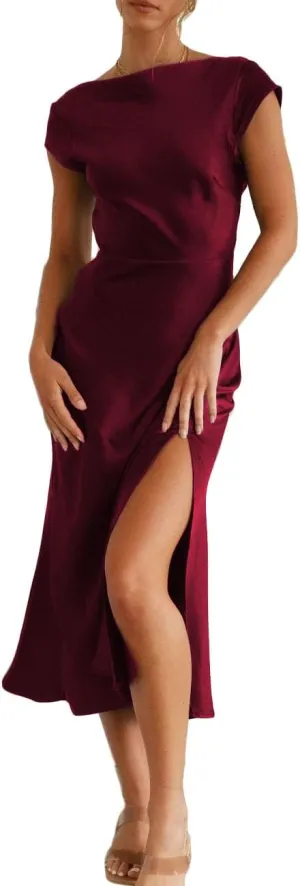 Women's Summer Satin Elegance Backless Twist Cap Sleeves Midi Dress 2025 Sexy Cowl Neck Slit Cocktail Wedding Guest Dresses