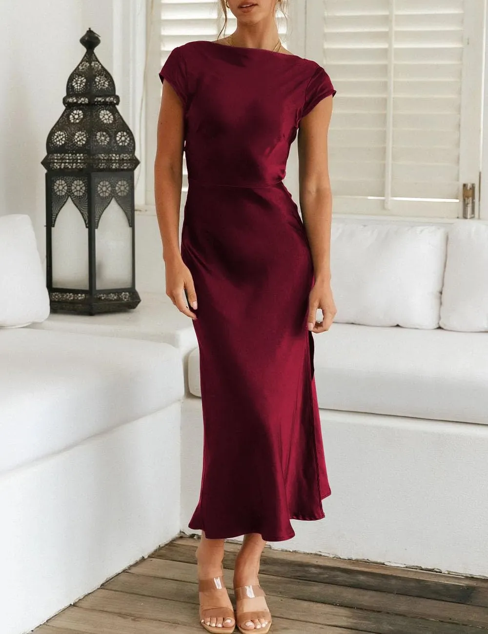 Women's Summer Satin Elegance Backless Twist Cap Sleeves Midi Dress 2025 Sexy Cowl Neck Slit Cocktail Wedding Guest Dresses