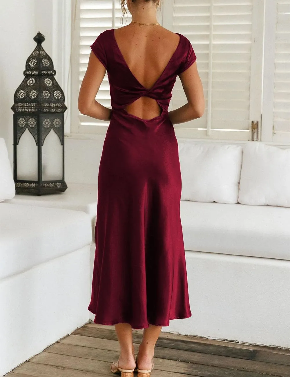 Women's Summer Satin Elegance Backless Twist Cap Sleeves Midi Dress 2025 Sexy Cowl Neck Slit Cocktail Wedding Guest Dresses
