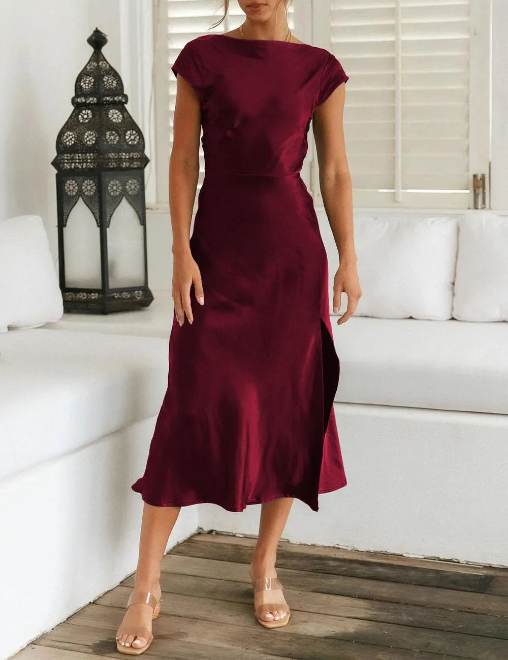 Women's Summer Satin Elegance Backless Twist Cap Sleeves Midi Dress 2025 Sexy Cowl Neck Slit Cocktail Wedding Guest Dresses