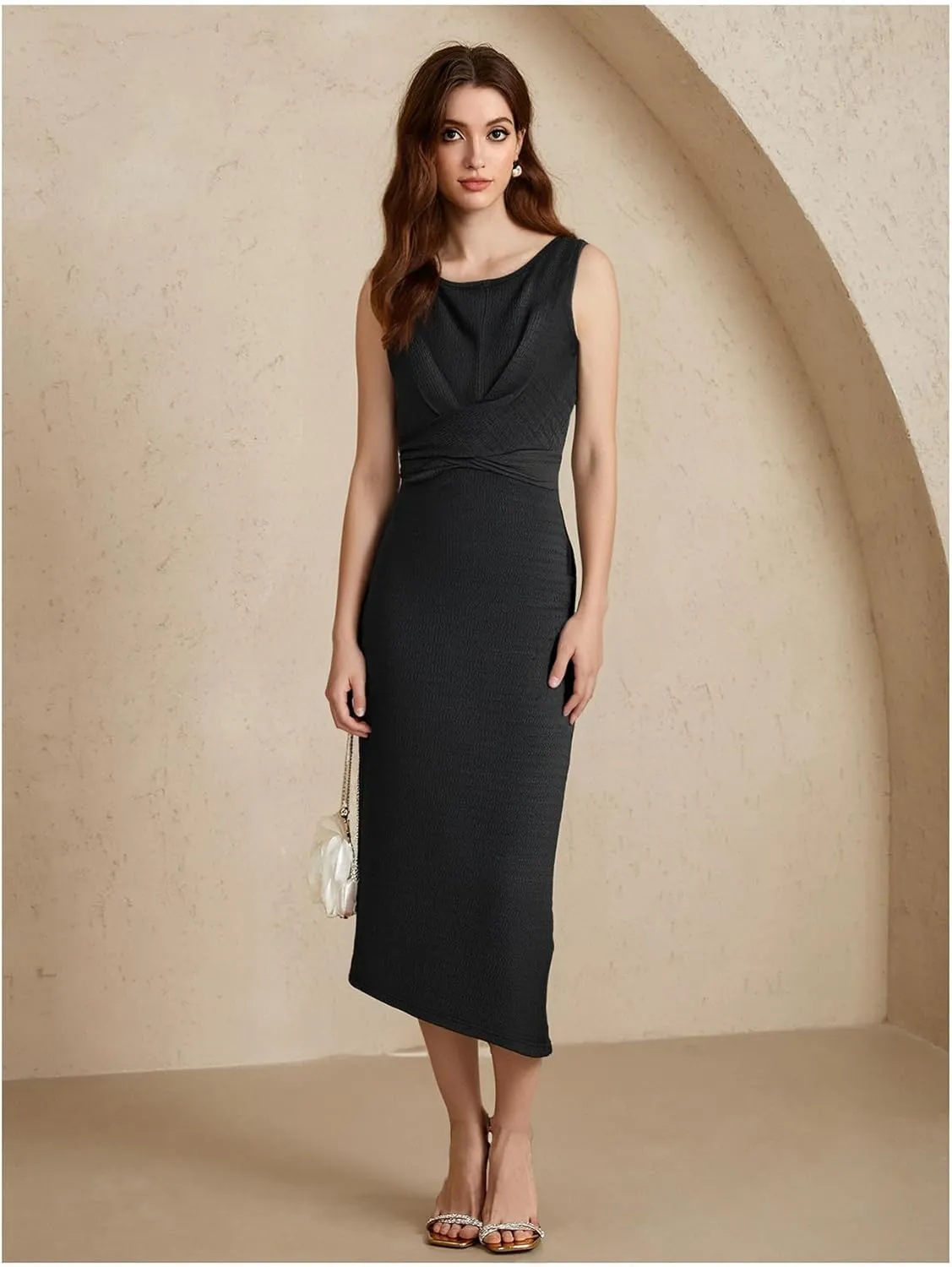 Women's Twist Front Tie Back Midi Dress Elegant Sleeveless Crew Neck Split Hem Bodycon Dresses