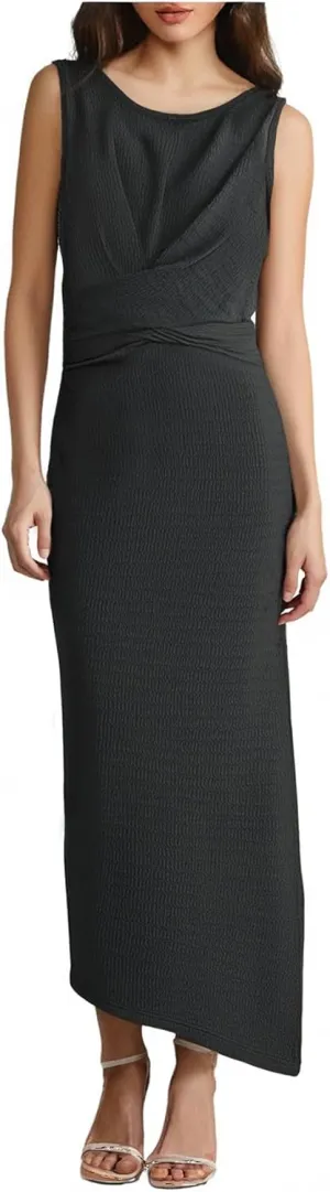 Women's Twist Front Tie Back Midi Dress Elegant Sleeveless Crew Neck Split Hem Bodycon Dresses
