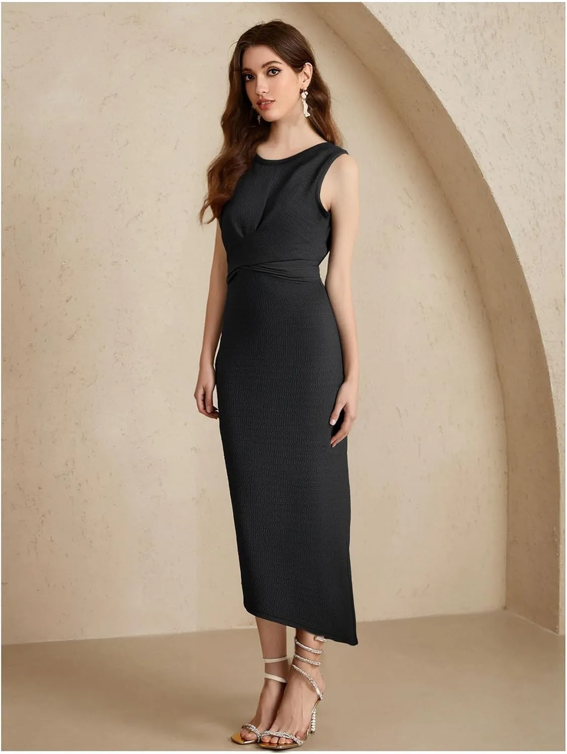 Women's Twist Front Tie Back Midi Dress Elegant Sleeveless Crew Neck Split Hem Bodycon Dresses