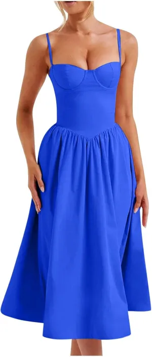 Women's Vintage Lace Up Back Corset Dress Spaghetti Strap A-Line Midi Sundress Elegant Cocktail Party Evening Dresses