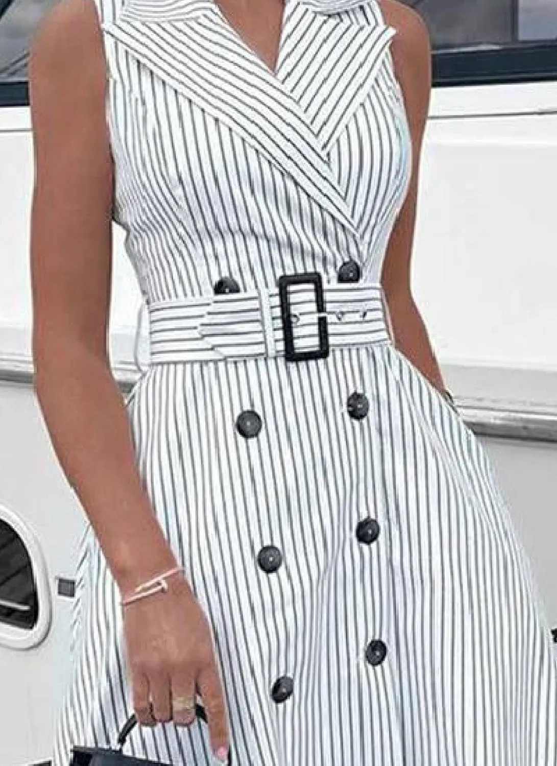 Women's Vintage White Striped Sleeveless Double Breasted Lapel Midi Dress 2025 Summer Elegant Office Dress