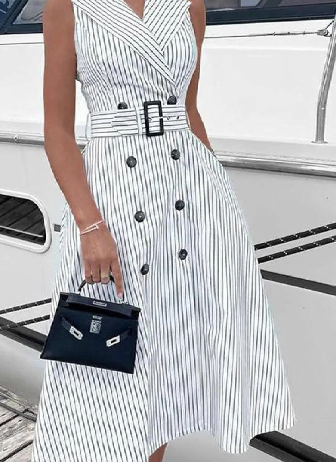 Women's Vintage White Striped Sleeveless Double Breasted Lapel Midi Dress 2025 Summer Elegant Office Dress