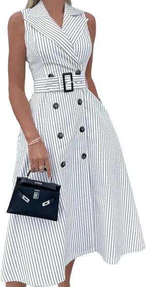 Women's Vintage White Striped Sleeveless Double Breasted Lapel Midi Dress 2025 Summer Elegant Office Dress