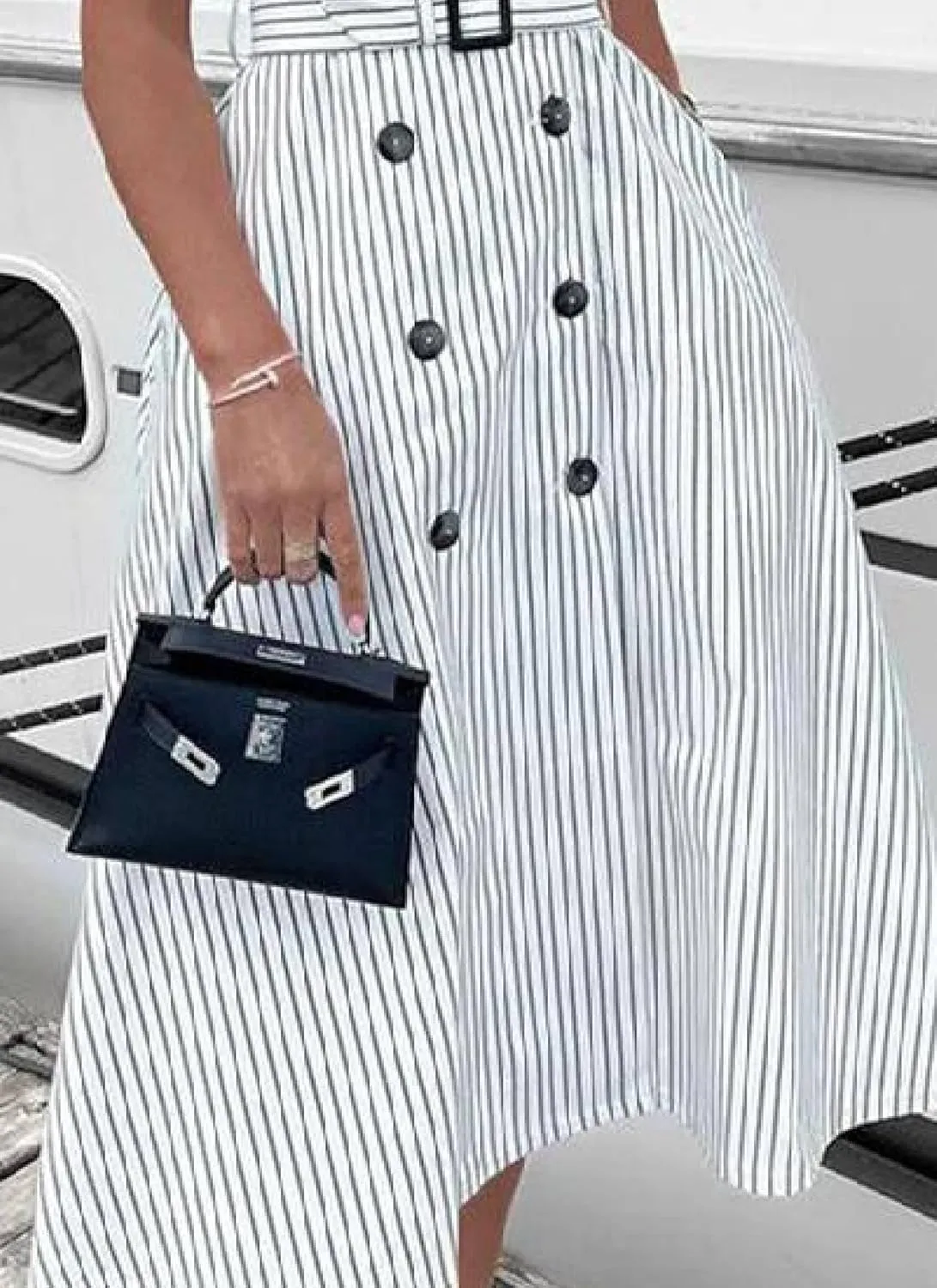Women's Vintage White Striped Sleeveless Double Breasted Lapel Midi Dress 2025 Summer Elegant Office Dress