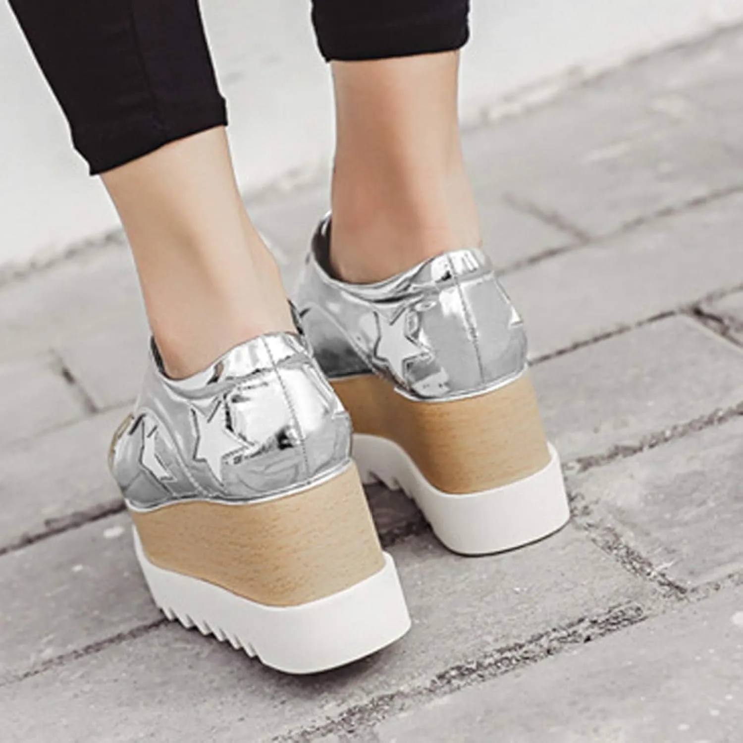 Women's Wedge Heel Oxford Shoes Lace-Up Platform Square Toe Oxford Sneakers Comfortable Platform Casual Loafers (Silver,8.5)