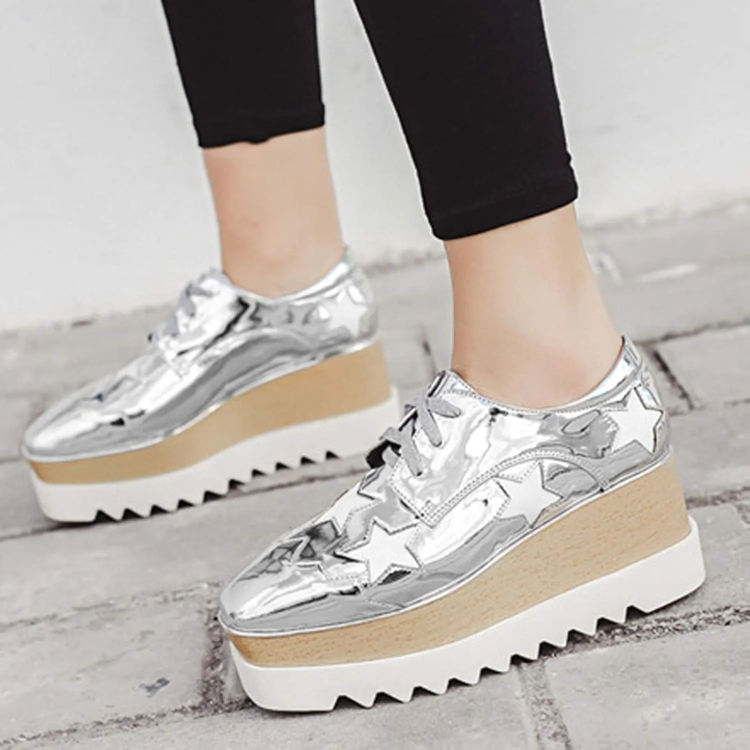 Women's Wedge Heel Oxford Shoes Lace-Up Platform Square Toe Oxford Sneakers Comfortable Platform Casual Loafers (Silver,8.5)