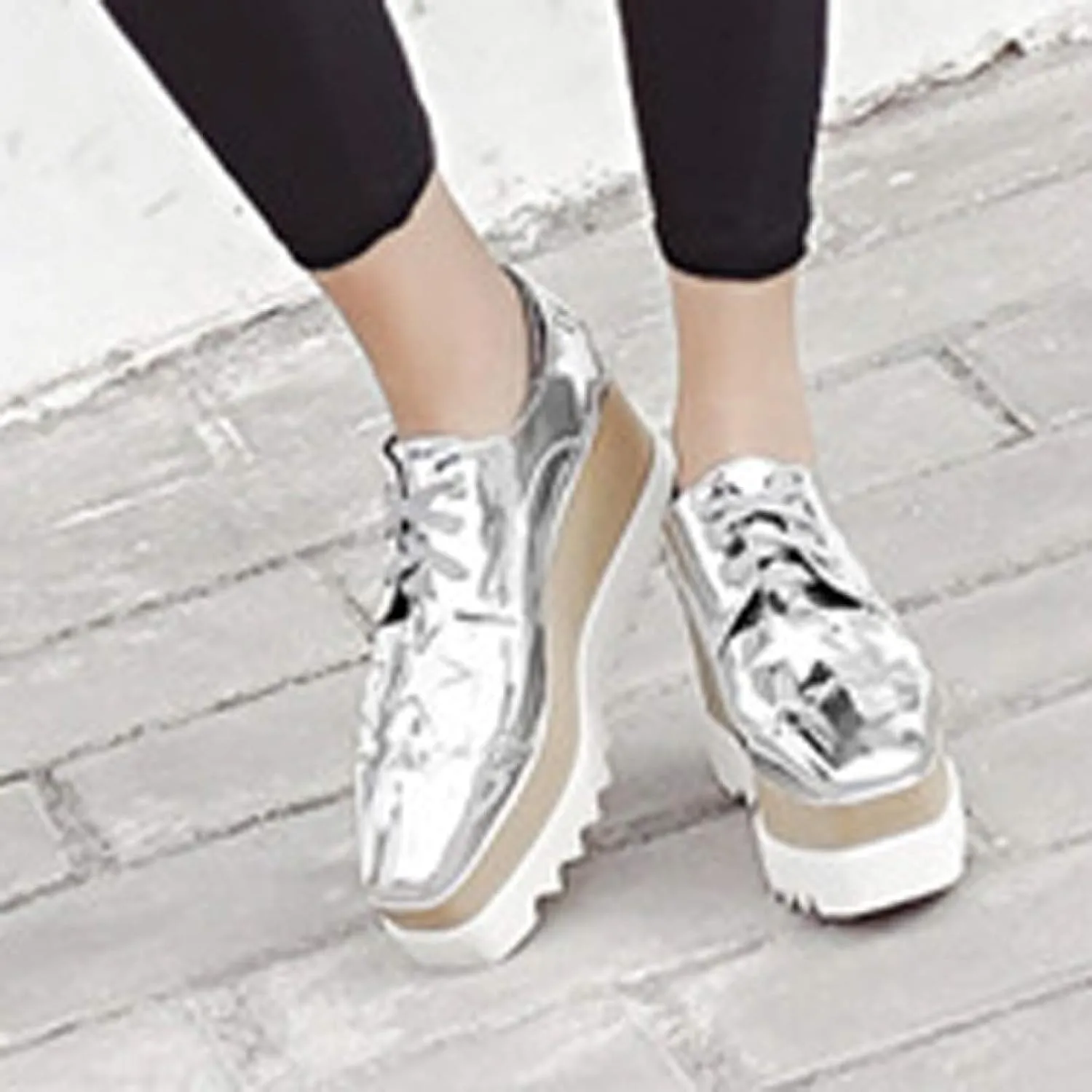 Women's Wedge Heel Oxford Shoes Lace-Up Platform Square Toe Oxford Sneakers Comfortable Platform Casual Loafers (Silver,8.5)