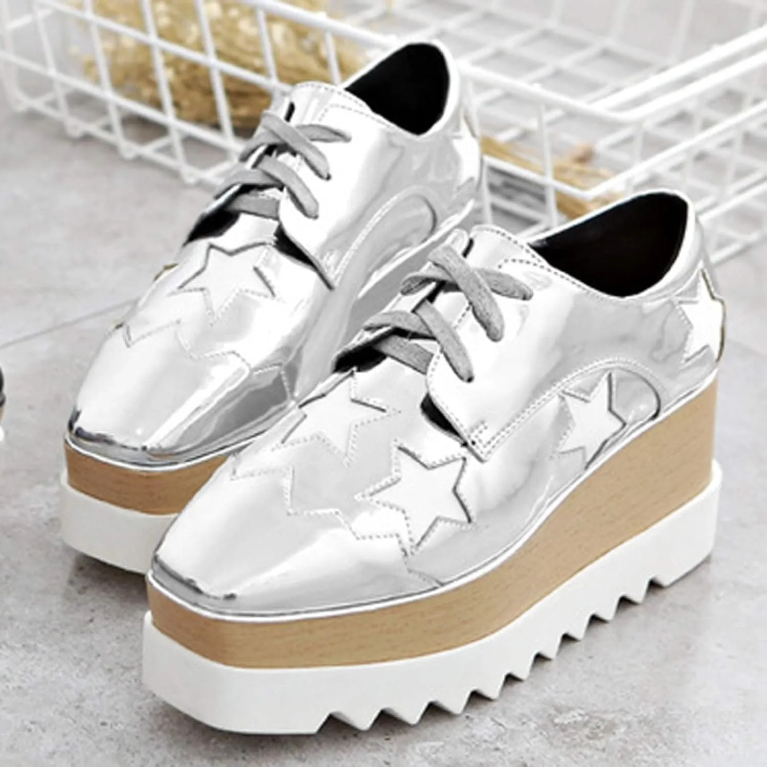Women's Wedge Heel Oxford Shoes Lace-Up Platform Square Toe Oxford Sneakers Comfortable Platform Casual Loafers (Silver,8.5)