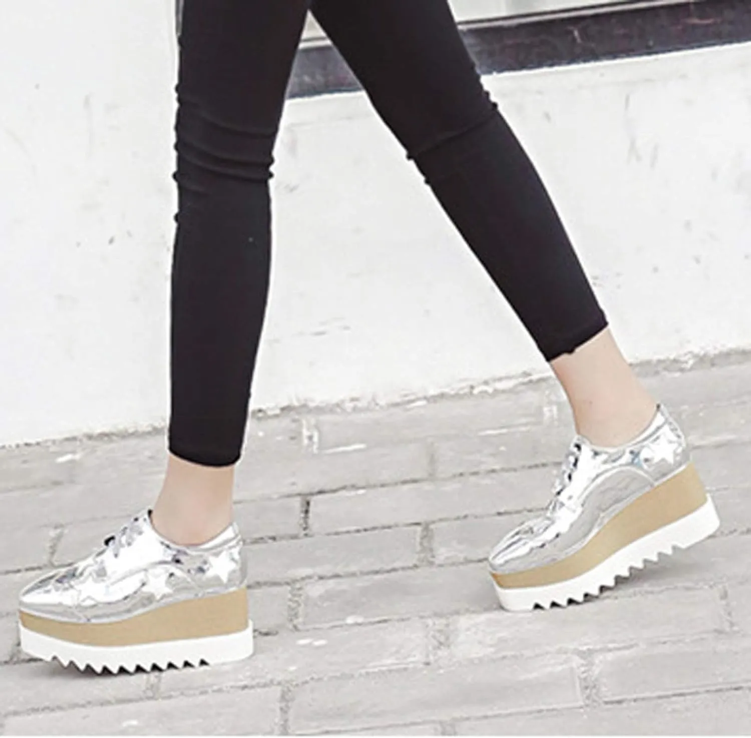 Women's Wedge Heel Oxford Shoes Lace-Up Platform Square Toe Oxford Sneakers Comfortable Platform Casual Loafers (Silver,8.5)