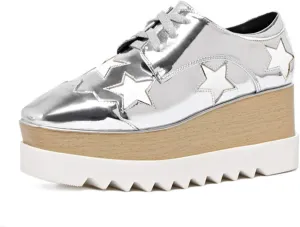 Women's Wedge Heel Oxford Shoes Lace-Up Platform Square Toe Oxford Sneakers Comfortable Platform Casual Loafers (Silver,8.5)