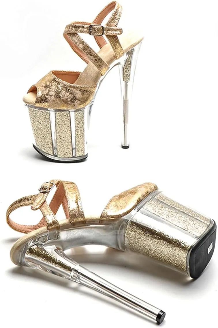 WUXIN H&P Women's CLear Platform Exotic High Heel Sandal 8 Inch Round Toe Sexy Stiletto Custom Glitter Mirror Fashion Model Pole Dance Ankle-Strap Dress shoes