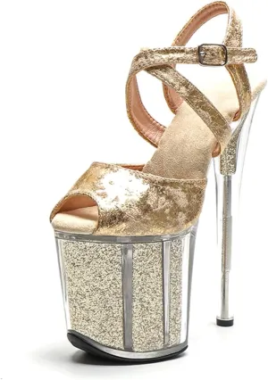 WUXIN H&P Women's CLear Platform Exotic High Heel Sandal 8 Inch Round Toe Sexy Stiletto Custom Glitter Mirror Fashion Model Pole Dance Ankle-Strap Dress shoes