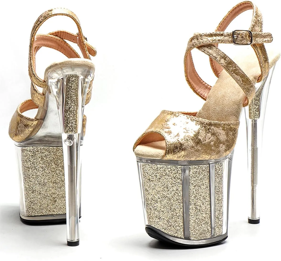 WUXIN H&P Women's CLear Platform Exotic High Heel Sandal 8 Inch Round Toe Sexy Stiletto Custom Glitter Mirror Fashion Model Pole Dance Ankle-Strap Dress shoes