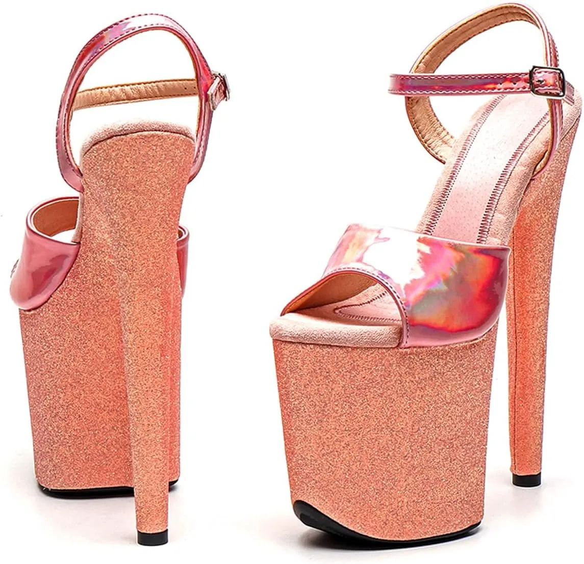 WUXIN H&P Women's Exotic High Heel Sandal 8 Inch Custom Platform Round Toe Glitter Holographic Sexy Stiletto Pole Dance Ankle-Strap Dress shoes