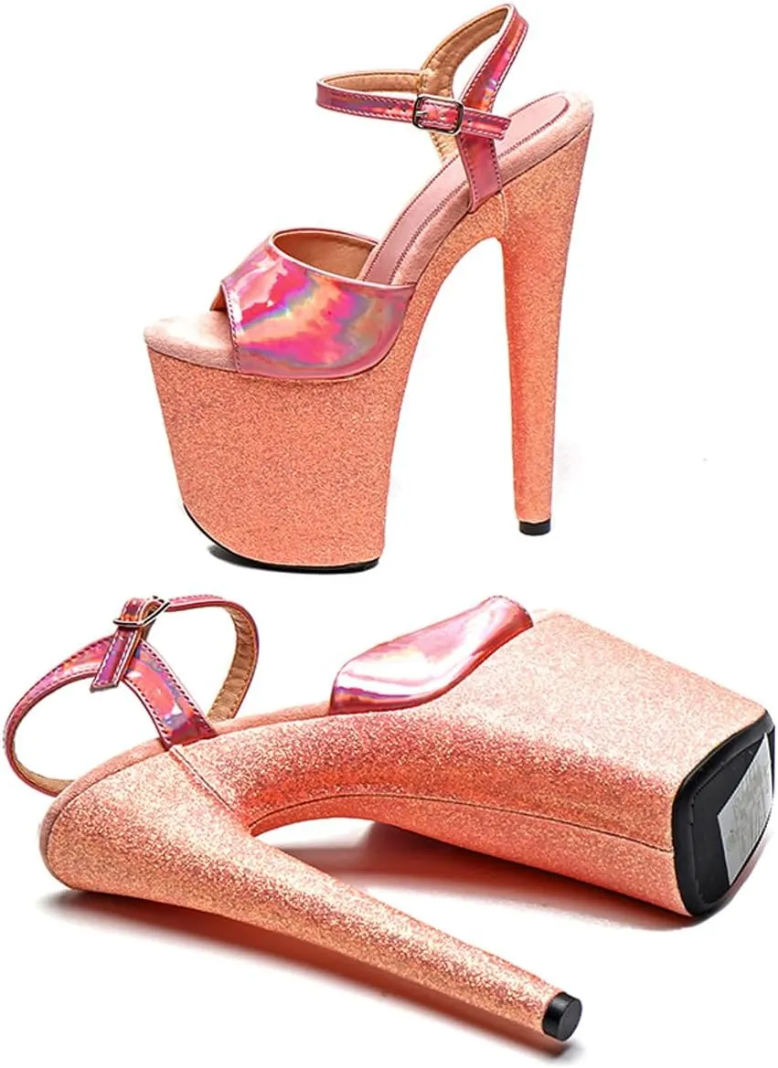 WUXIN H&P Women's Exotic High Heel Sandal 8 Inch Custom Platform Round Toe Glitter Holographic Sexy Stiletto Pole Dance Ankle-Strap Dress shoes