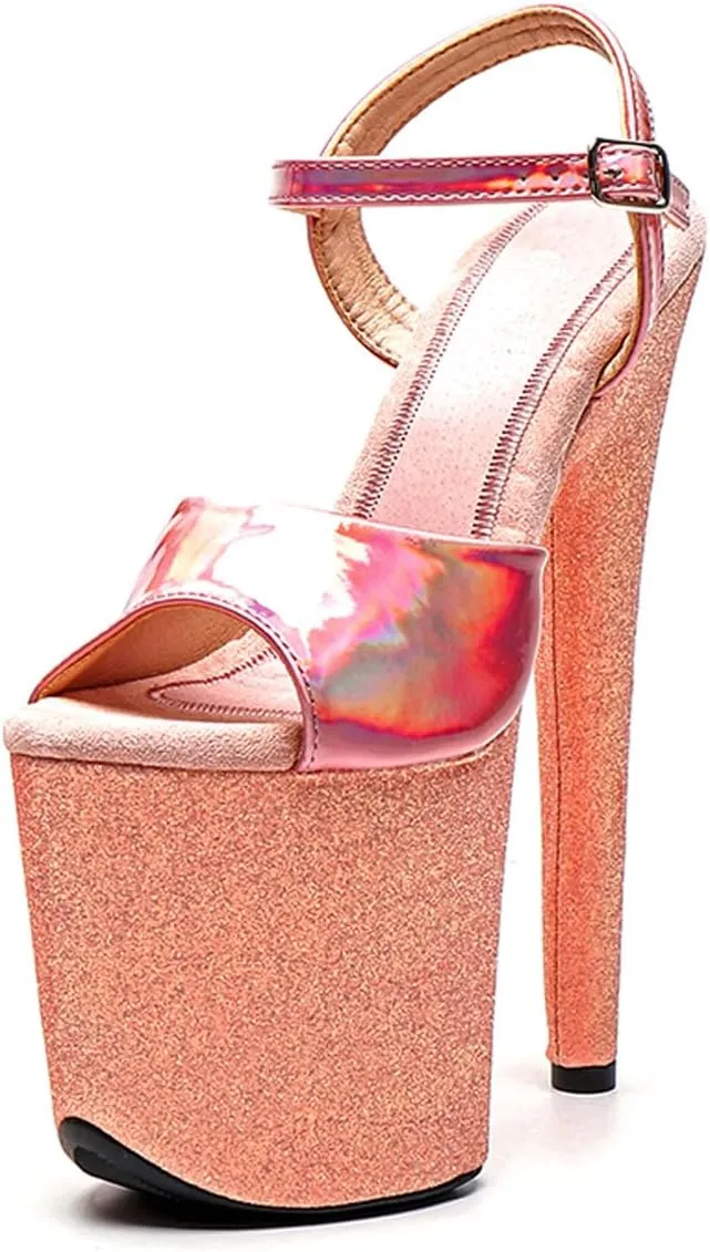 WUXIN H&P Women's Exotic High Heel Sandal 8 Inch Custom Platform Round Toe Glitter Holographic Sexy Stiletto Pole Dance Ankle-Strap Dress shoes