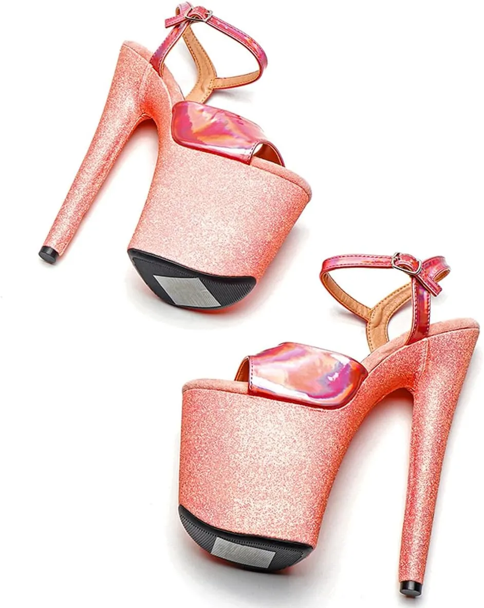 WUXIN H&P Women's Exotic High Heel Sandal 8 Inch Custom Platform Round Toe Glitter Holographic Sexy Stiletto Pole Dance Ankle-Strap Dress shoes