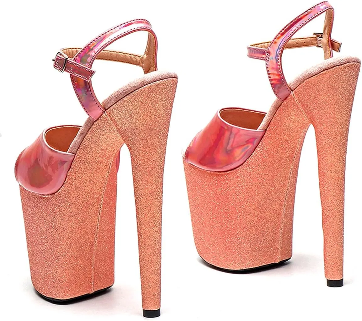 WUXIN H&P Women's Exotic High Heel Sandal 8 Inch Custom Platform Round Toe Glitter Holographic Sexy Stiletto Pole Dance Ankle-Strap Dress shoes