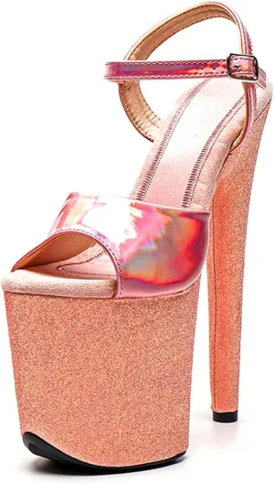 WUXIN H&P Women's Exotic High Heel Sandal 8 Inch Custom Platform Round Toe Glitter Holographic Sexy Stiletto Pole Dance Ankle-Strap Dress shoes