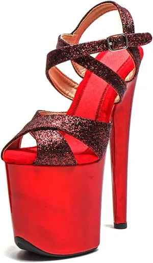 WUXIN H&P Women's Exotic High Heel Sandal 8 Inch Glitter Platform Round Toe Custom Mirror Fashion Model Sexy Stiletto Pole Dance Ankle-Strap Dress shoes