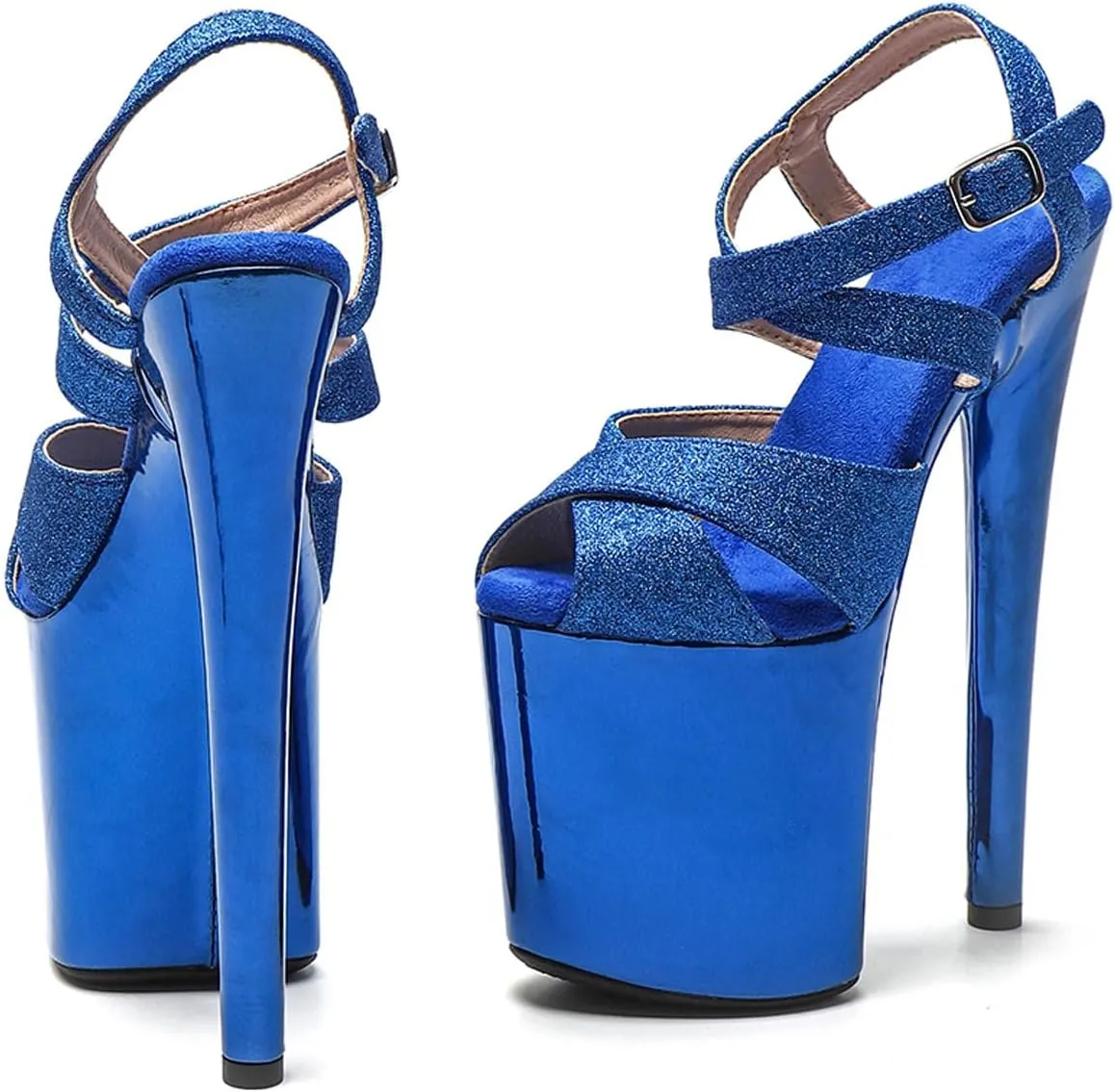 WUXIN H&P Women's Exotic High Heel Sandal 8 Inch Glitter Platform Round Toe Custom Mirror Fashion Model Sexy Stiletto Pole Dance Ankle-Strap Dress shoes