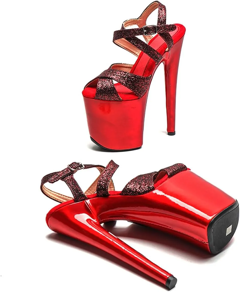 WUXIN H&P Women's Exotic High Heel Sandal 8 Inch Glitter Platform Round Toe Custom Mirror Fashion Model Sexy Stiletto Pole Dance Ankle-Strap Dress shoes