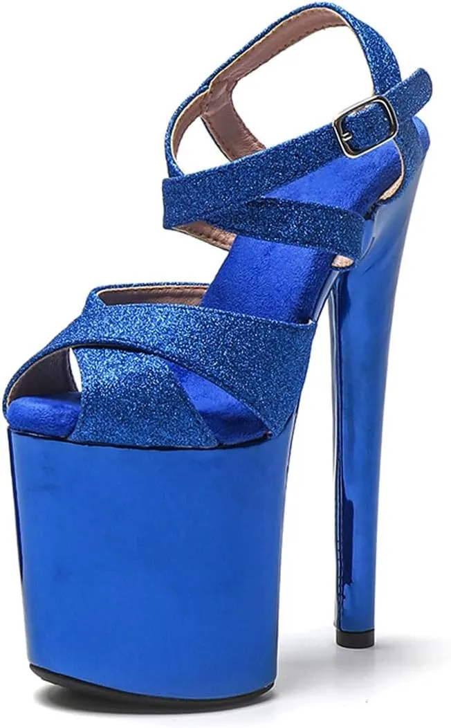 WUXIN H&P Women's Exotic High Heel Sandal 8 Inch Glitter Platform Round Toe Custom Mirror Fashion Model Sexy Stiletto Pole Dance Ankle-Strap Dress shoes