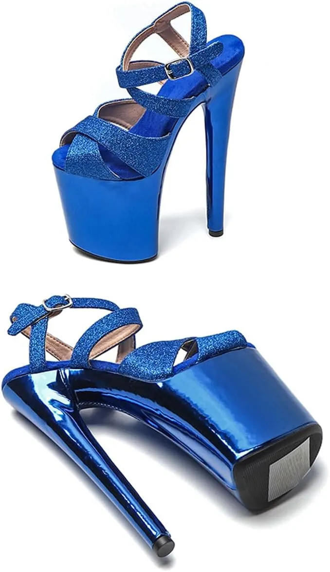 WUXIN H&P Women's Exotic High Heel Sandal 8 Inch Glitter Platform Round Toe Custom Mirror Fashion Model Sexy Stiletto Pole Dance Ankle-Strap Dress shoes
