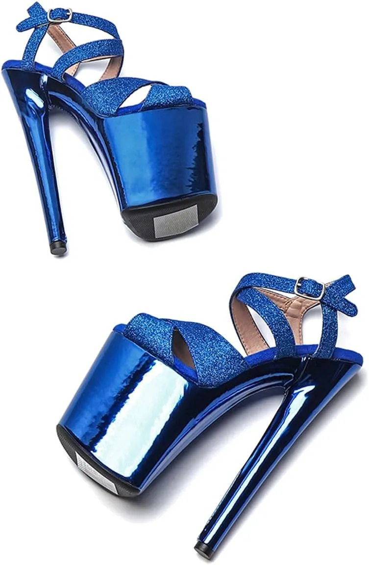 WUXIN H&P Women's Exotic High Heel Sandal 8 Inch Glitter Platform Round Toe Custom Mirror Fashion Model Sexy Stiletto Pole Dance Ankle-Strap Dress shoes