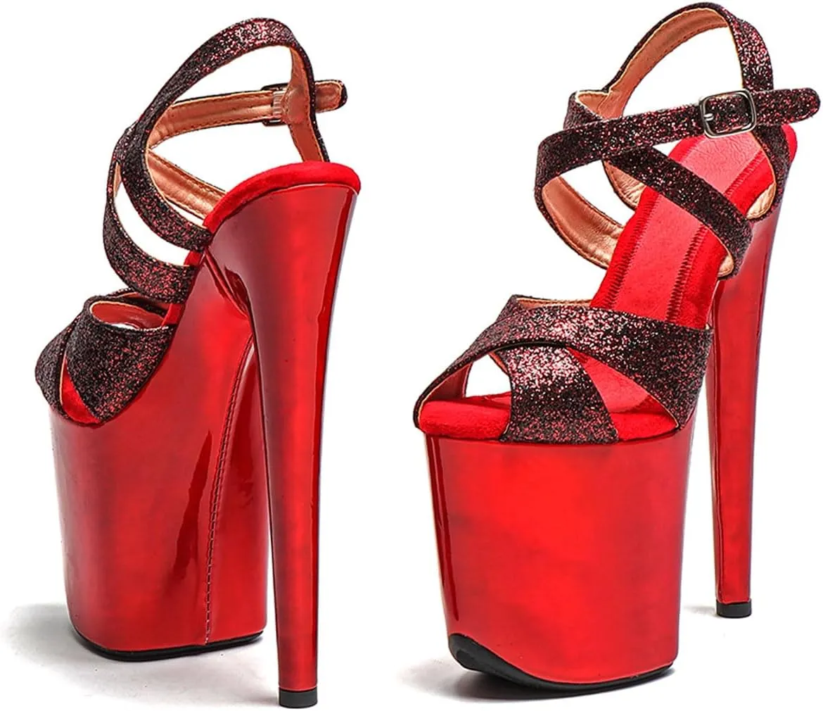 WUXIN H&P Women's Exotic High Heel Sandal 8 Inch Glitter Platform Round Toe Custom Mirror Fashion Model Sexy Stiletto Pole Dance Ankle-Strap Dress shoes