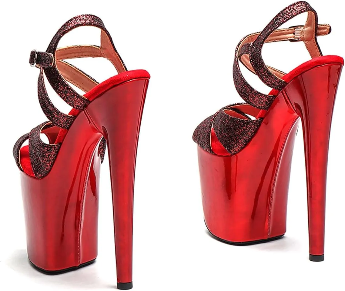 WUXIN H&P Women's Exotic High Heel Sandal 8 Inch Glitter Platform Round Toe Custom Mirror Fashion Model Sexy Stiletto Pole Dance Ankle-Strap Dress shoes