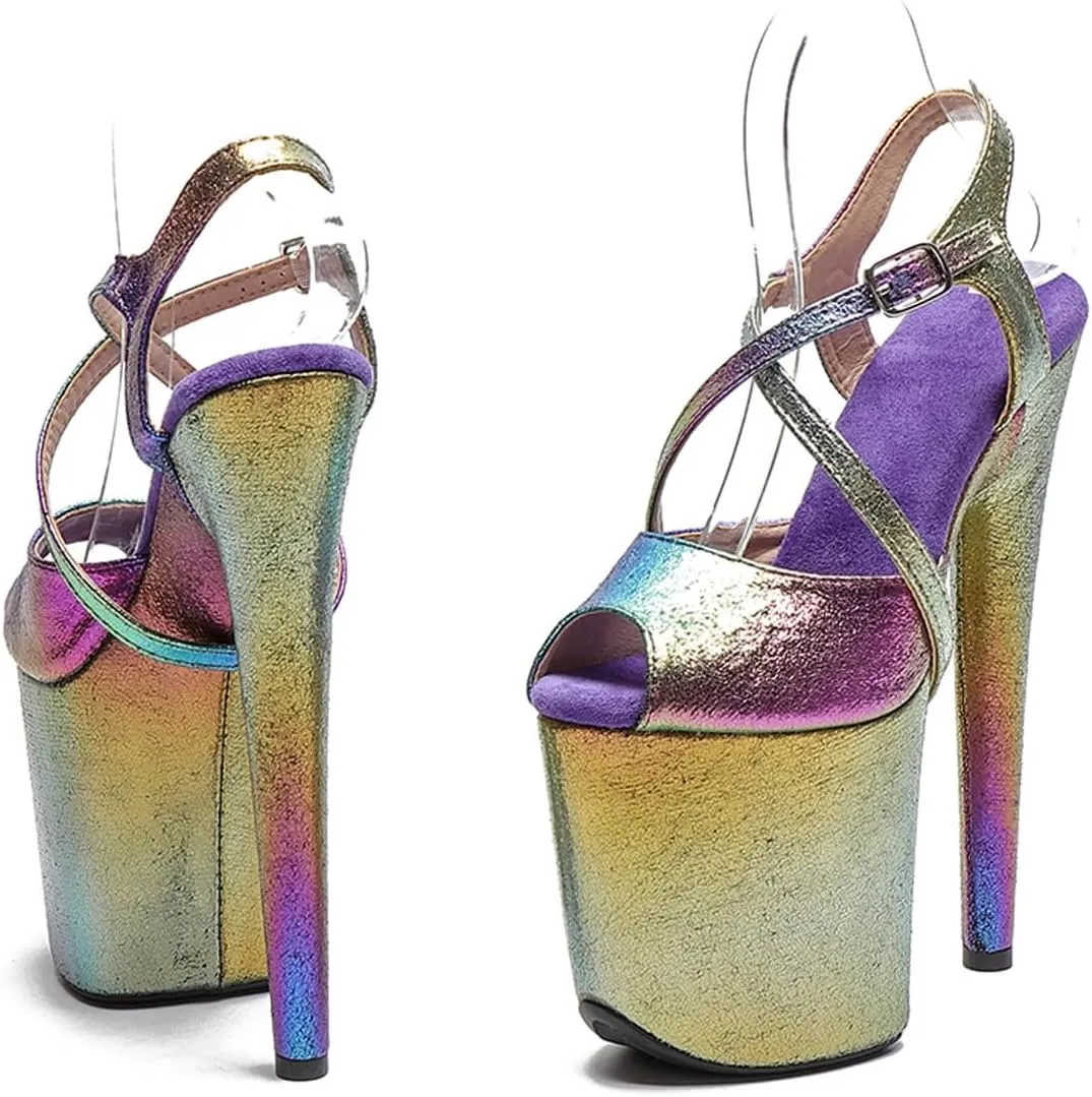 WUXIN H&P Women's Exotic High Heel Sandal 8 Inch Platform Custom Glitter Holographic Round Toe Sexy Fashion Stiletto Pole Dance Ankle-Strap Dress shoes