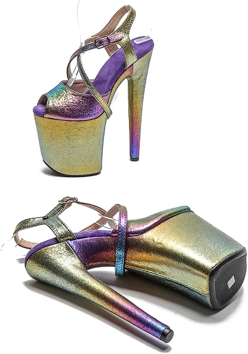 WUXIN H&P Women's Exotic High Heel Sandal 8 Inch Platform Custom Glitter Holographic Round Toe Sexy Fashion Stiletto Pole Dance Ankle-Strap Dress shoes