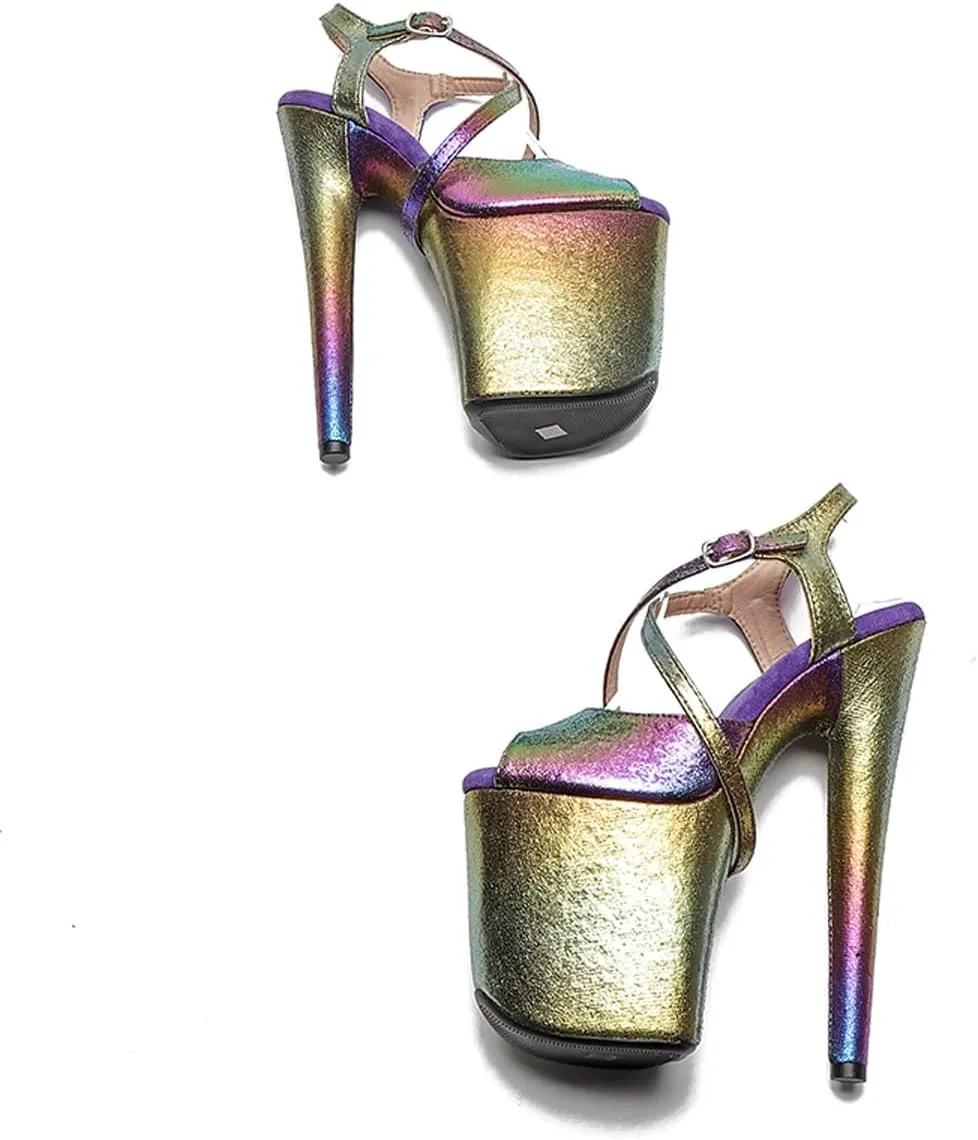 WUXIN H&P Women's Exotic High Heel Sandal 8 Inch Platform Custom Glitter Holographic Round Toe Sexy Fashion Stiletto Pole Dance Ankle-Strap Dress shoes
