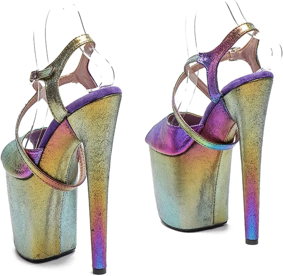 WUXIN H&P Women's Exotic High Heel Sandal 8 Inch Platform Custom Glitter Holographic Round Toe Sexy Fashion Stiletto Pole Dance Ankle-Strap Dress shoes