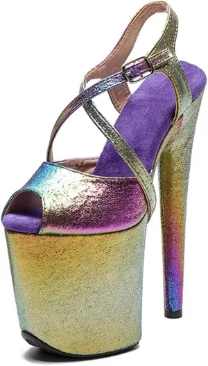 WUXIN H&P Women's Exotic High Heel Sandal 8 Inch Platform Custom Glitter Holographic Round Toe Sexy Fashion Stiletto Pole Dance Ankle-Strap Dress shoes