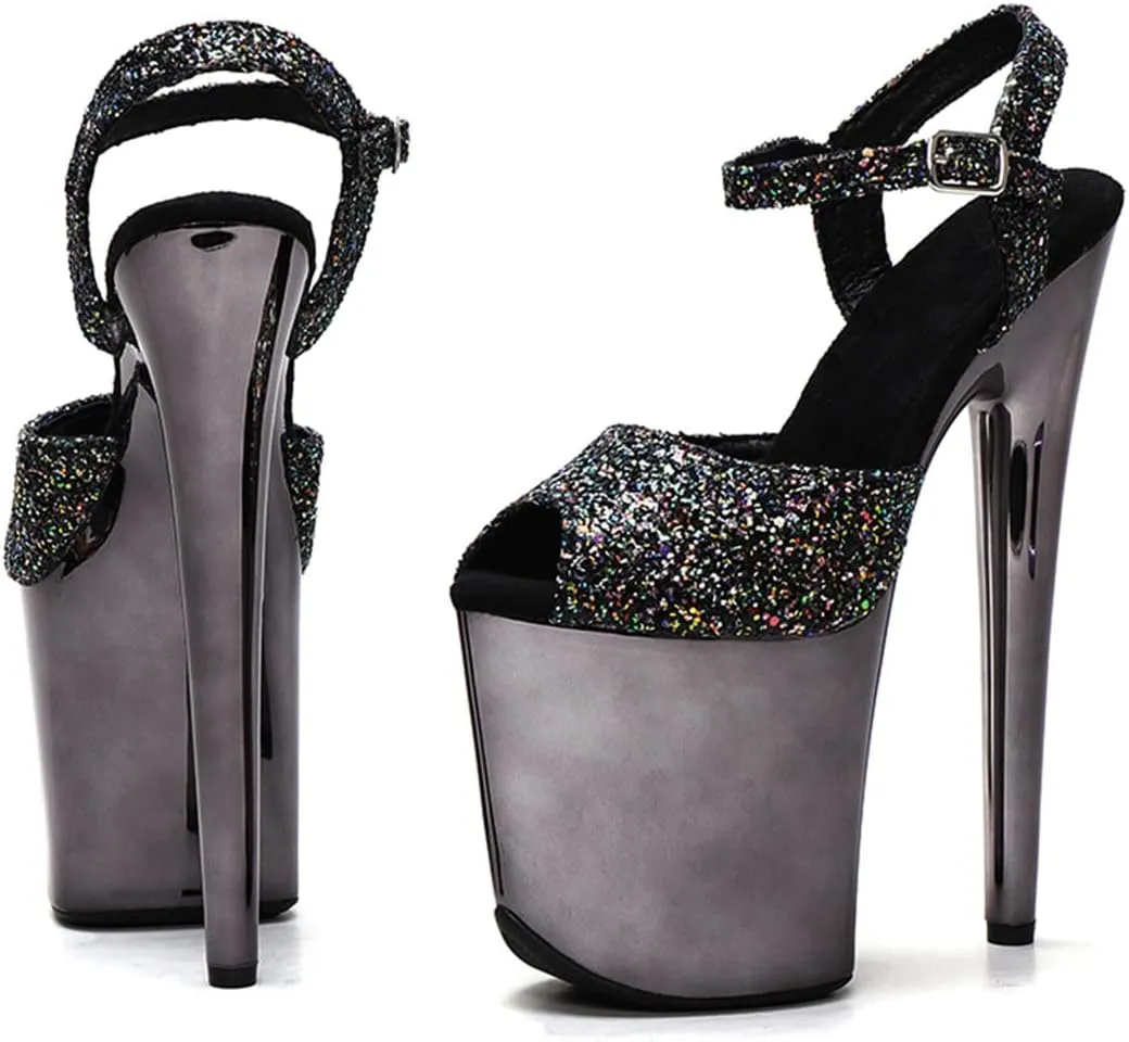 WUXIN H&P Women's Exotic Pole Dance Ankle-Strap Sandal 8 Inch Round Toe Platform Mirror Fashion Model Sexy Stiletto Custom Glitter Dress shoes High Heel