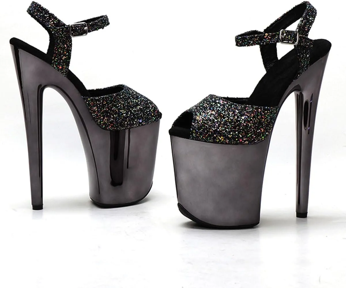 WUXIN H&P Women's Exotic Pole Dance Ankle-Strap Sandal 8 Inch Round Toe Platform Mirror Fashion Model Sexy Stiletto Custom Glitter Dress shoes High Heel