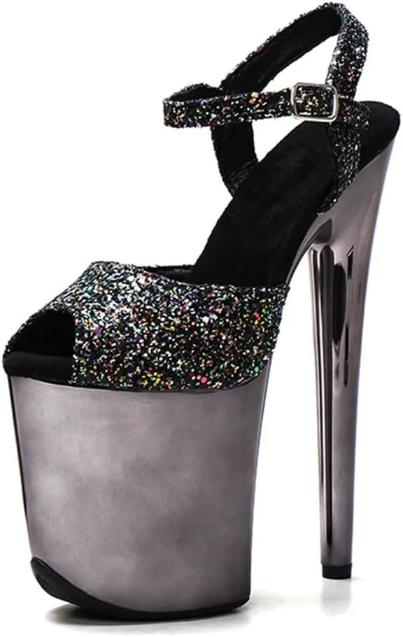 WUXIN H&P Women's Exotic Pole Dance Ankle-Strap Sandal 8 Inch Round Toe Platform Mirror Fashion Model Sexy Stiletto Custom Glitter Dress shoes High Heel