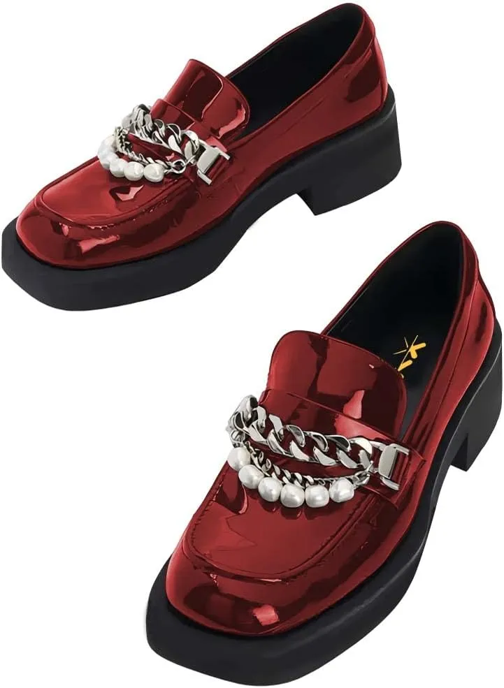 XYD Women Chic Platform Closed Square Toe Slip On Chains Pearl Loafer Patent Leather Low Chunky Heel Daily Walking Comfy Shoes